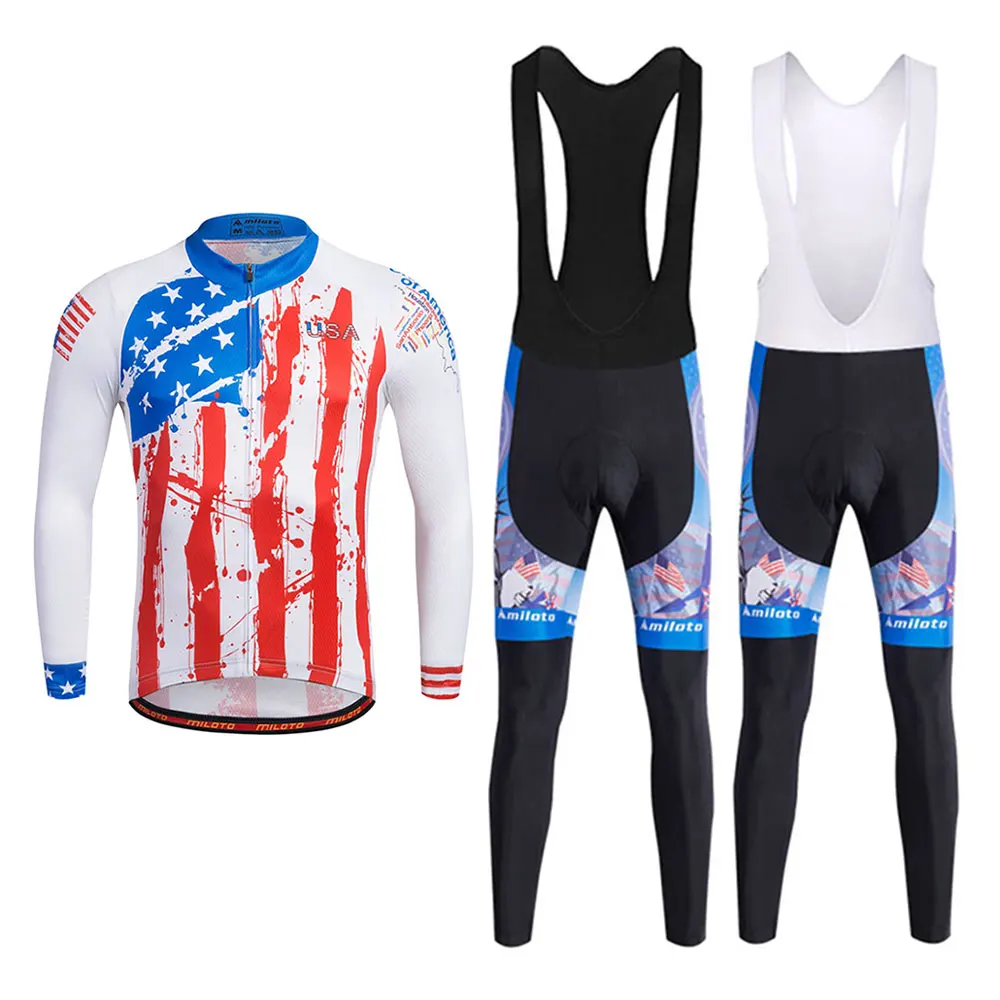 Men's Cycling Jersey Set Long Sleeve USA Reflect Ciclismo Bike Clothing