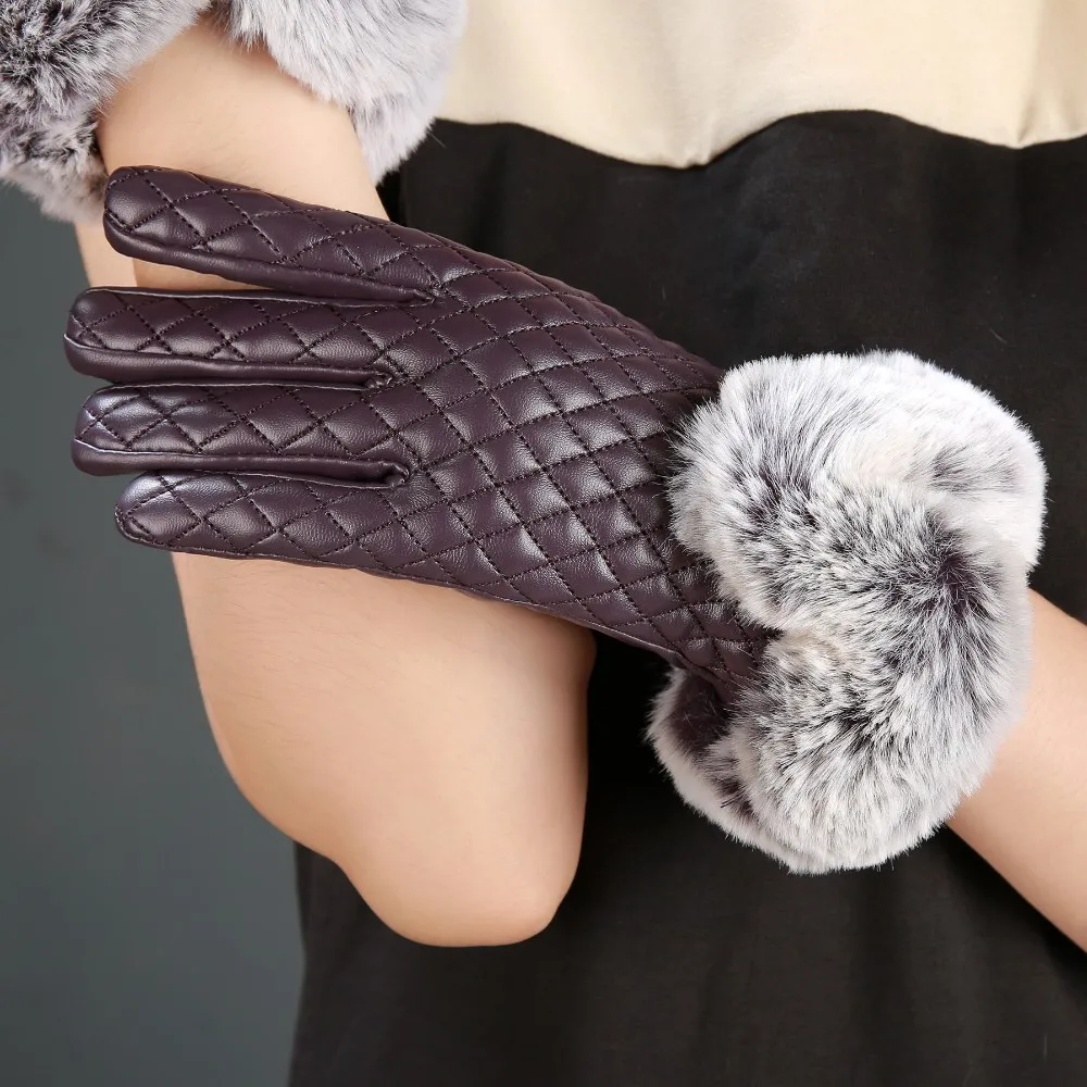 Женская Мода меховые утепленные кожа Сенсорный экран Прихватки для мангала в ромб узор зима Утепленная одежда