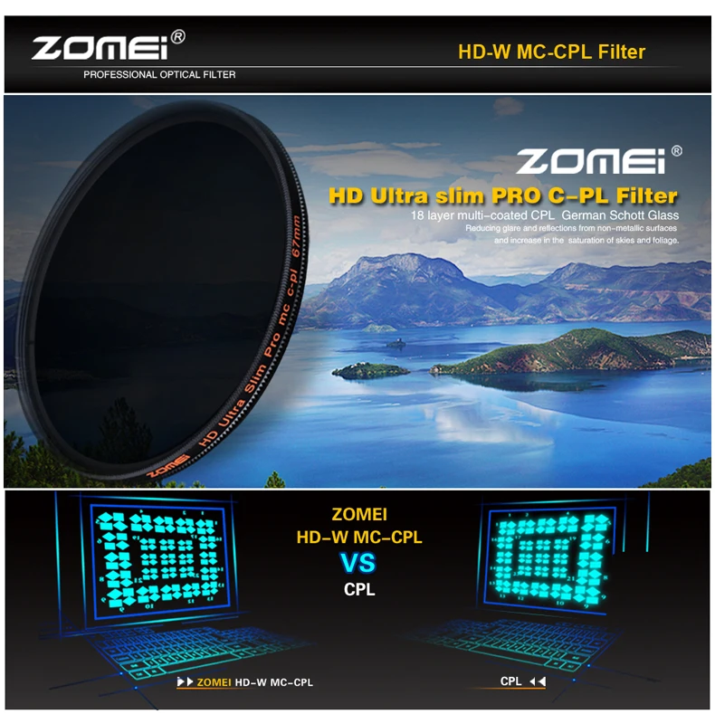 Zomei HD CPL Ultra Slim 18 Layer Super Multi-Coated Optical Glass PRO Circular Polarizing Polarizer Lens Filter 40.5 52 77 82mm |