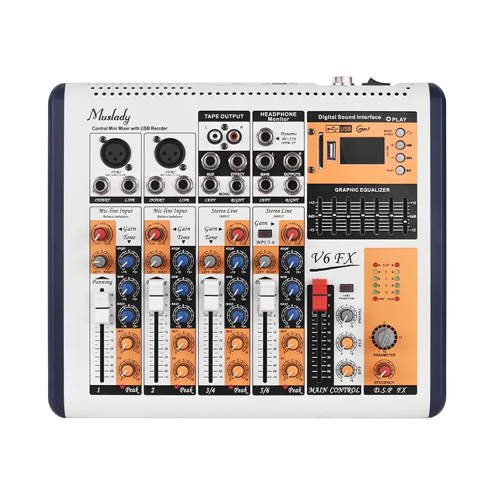 

Muslady V6-FX 6-Channel Portable Mixing Console Mixer Built-in 16 DSP Effects +48V Phantom Power Supports BT Connection
