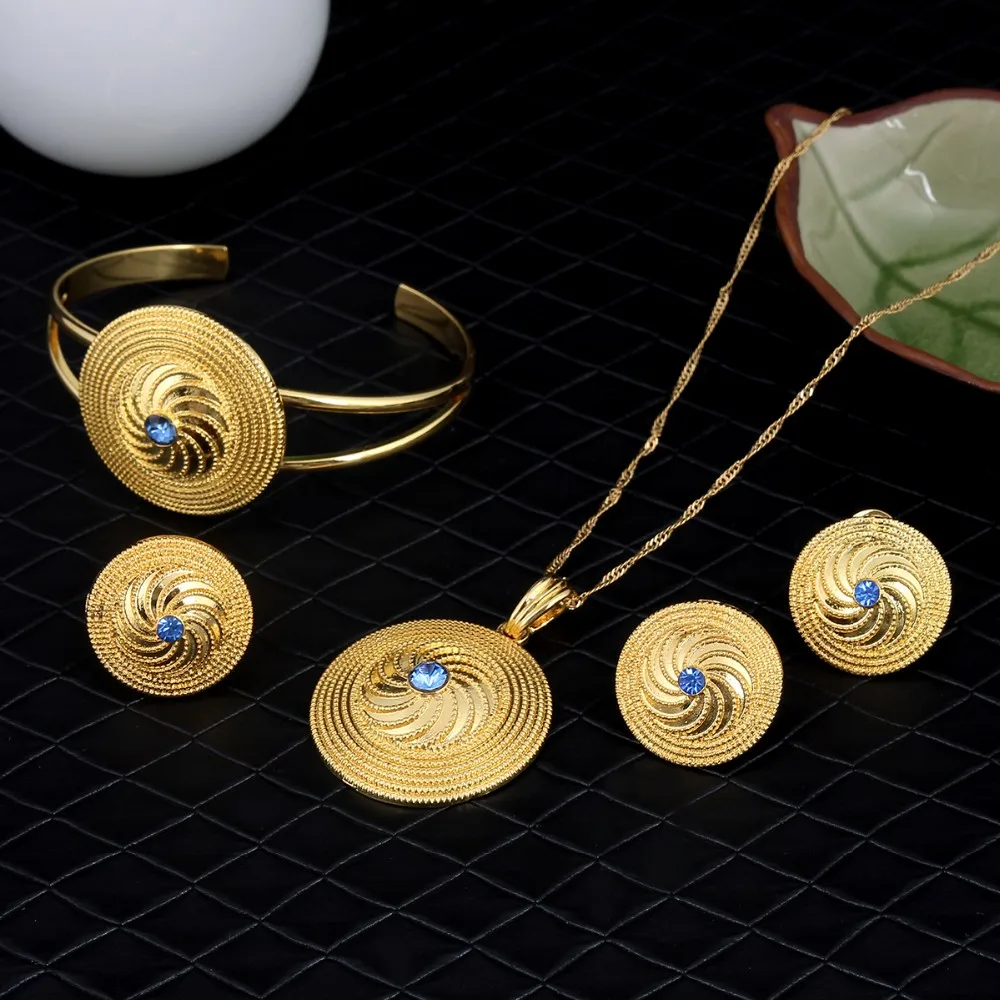 Золотой набор ювелирных изделий кулон ожерелье серьги браслеты кольцо кристалл Habesha эфиопские Свадебные ювелирные изделия невесты Эритреей друг подарок