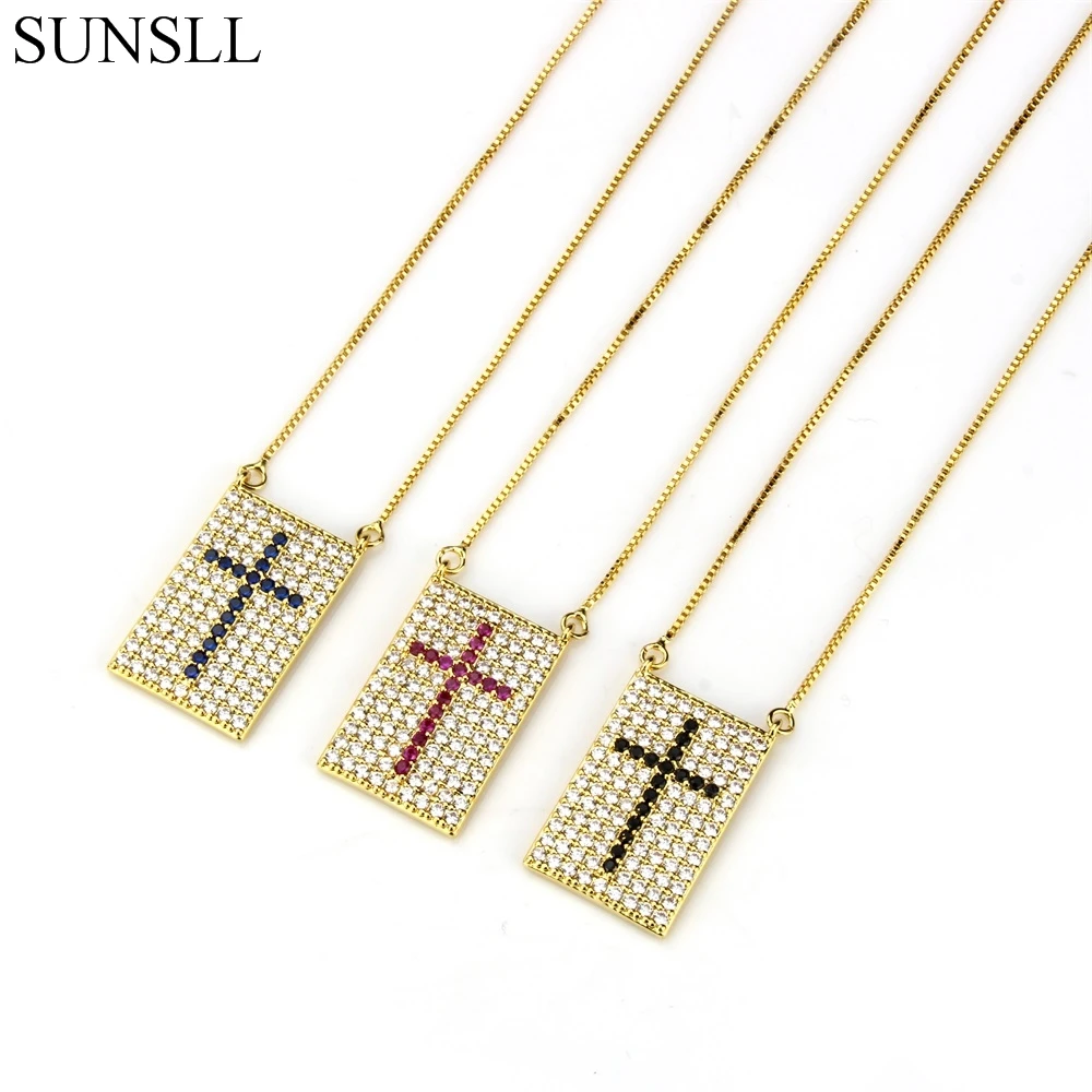 

SUNSLL Gold Color Copper Two color Cubic Zirconia Cross Rectangle Pendant Necklaces Women's Fashion Jewelry CZ Colar Feminina