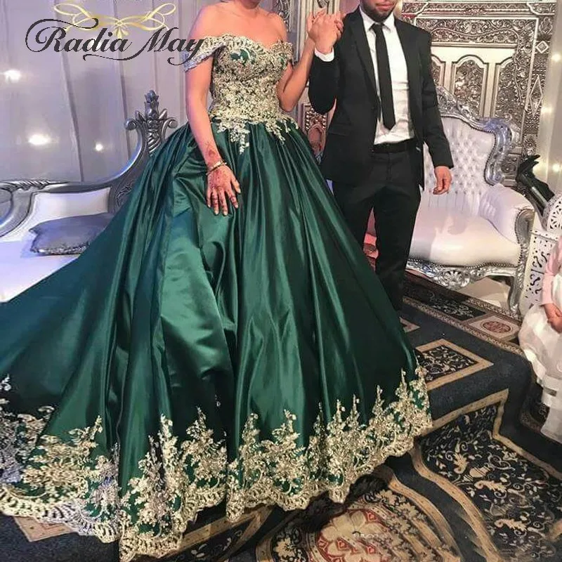 Элегантное бальное платье с открытыми плечами изумрудно-зеленое арабское вечернее платье больших размеров золотистые кружевные аппликации Дубай Свадебные праздничные наряды