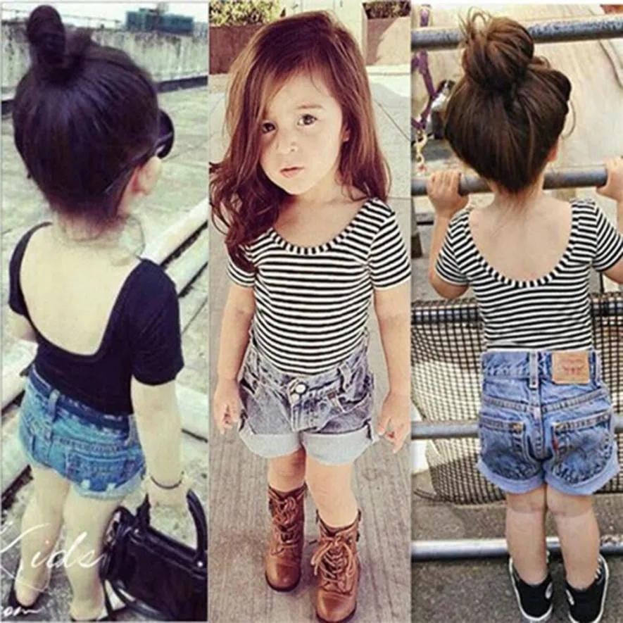 

MUQGEW Summer Children T-Shirt Infant Girls Solid Striped Print Backless shirts Tops Modal O-Neck Short Sleeve Shirts Tee 2018