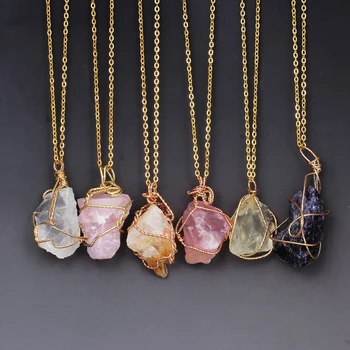 YYW 18inch Punk Irregular Natural Stone Crystal Rose Pendant Necklaces Gold-color Quartz Wire Wrapped Necklace Womens