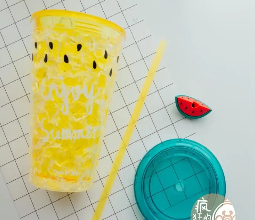 INS стиль Арбуз ледяная чашка летняя разбитая ледяная чашка креативная двухслойная охлаждаемая пластиковая чашка с соломенной чашкой для взрослых N299