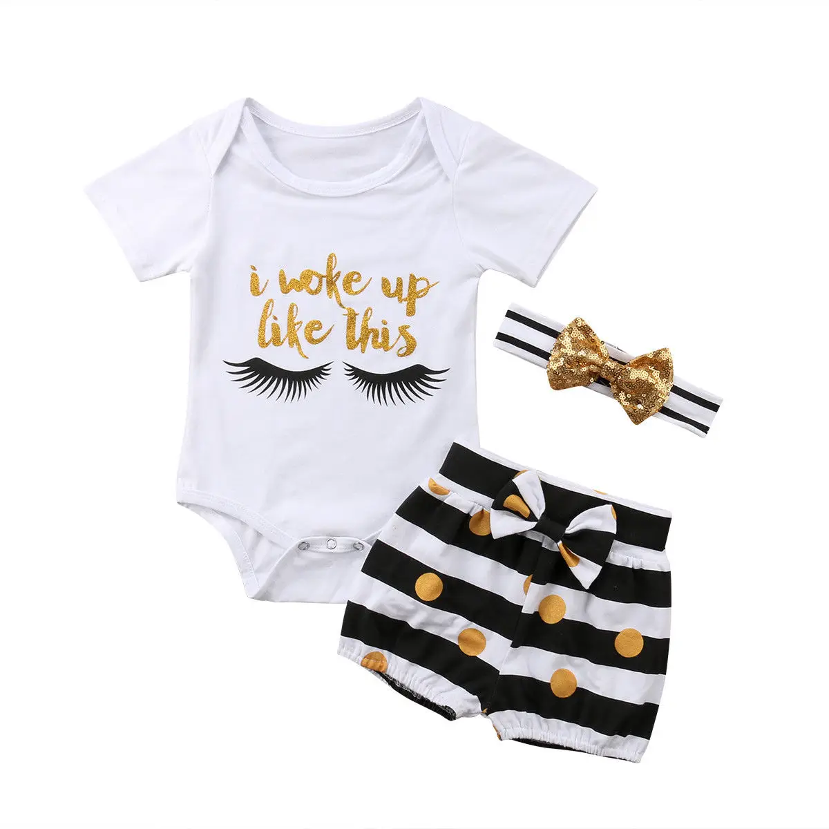 

0-30M Cute Newborn Baby Girl Short Sleeve Eyelash Cotton Romper Tops+Polka Dot Striped Bow Shorts Pant 3PCS Set Summer Clothes