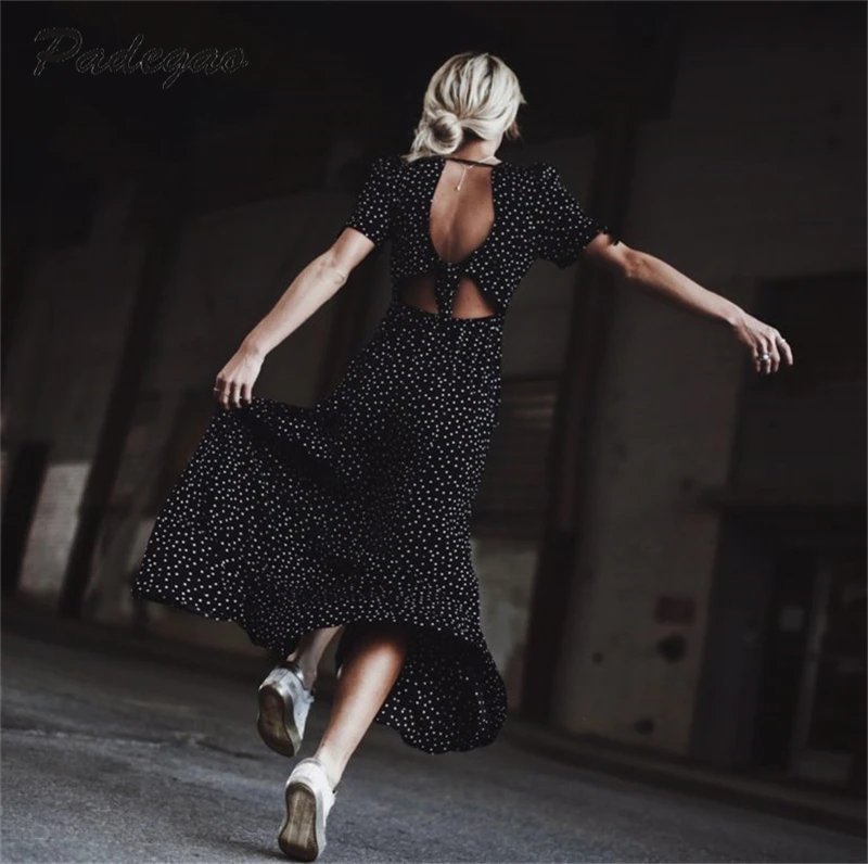 

AEL V-Neck Empire Waist Bow Short Sleeve Backless Dress 2019 Summer Fashion Sexy Clothing Women High Quality Beach Longuette