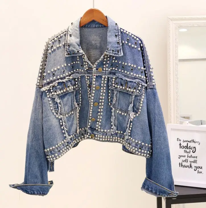 2018 New Autumn Women's Hand Rivet Studded Denim Jacket Loose Outwear ...