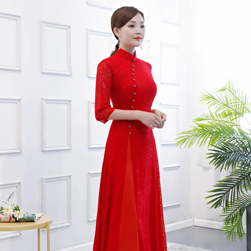 Ao Dai Long Cheongsam Fashion 2019 Chinese style Dress Spring Womens Lace Qipao Slim Party Dresses Lady Button Vestido S-3XL | Женская