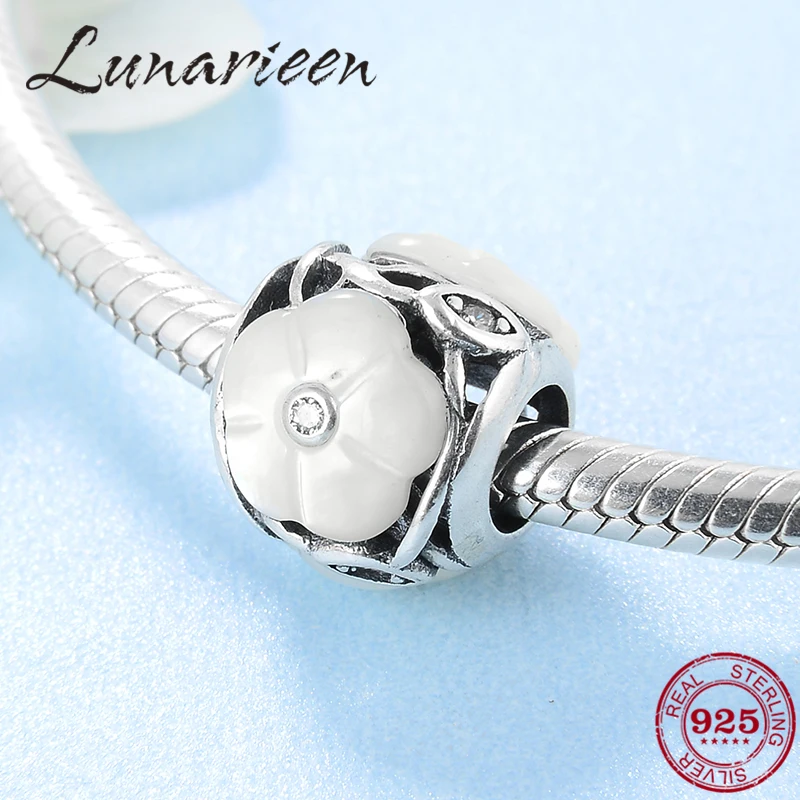 

New 925 Sterling Silver Fashion white flowers zircon round DIY Enamel beads Fit Original Pandora Charm Bracelet Jewelry making