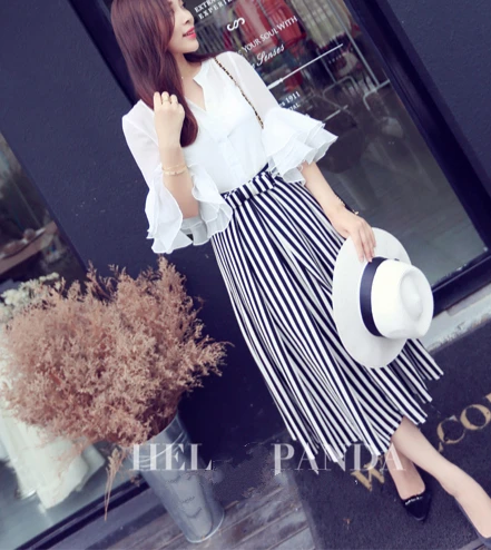 

2016 Spring Summer New Fashion Women Customize Big Plus Size Loose Pants Ladies Casual Vertical Stripe A Line Chiffon Skirts