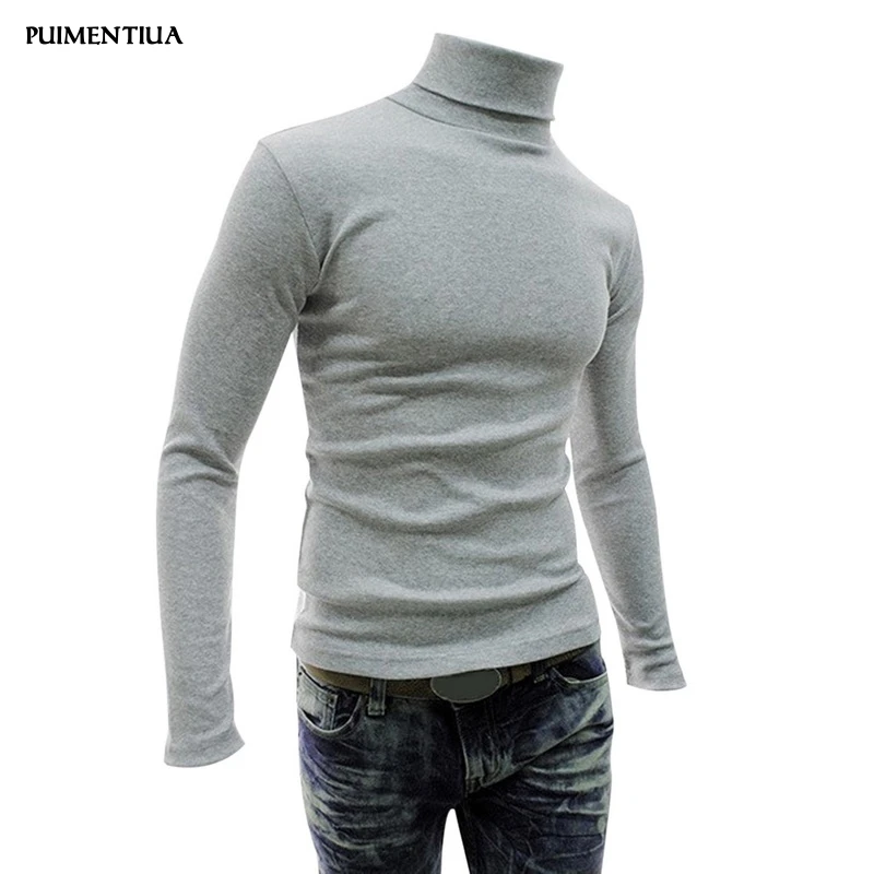 

Puimentiua 2019 Autumn Winter Men's Sweater Males Turtleneck Solid Color Casual Sweater Homme Slim Fit Knitted Cotton Pullovers