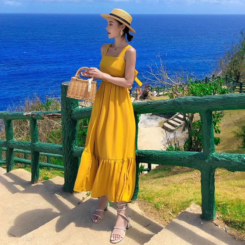 

Plus Size Women with Bow Backless Casual Maxi Dress Women Bandage Long Beach Dress Summer 2019 Ukraine Big Swing Yellow Dress