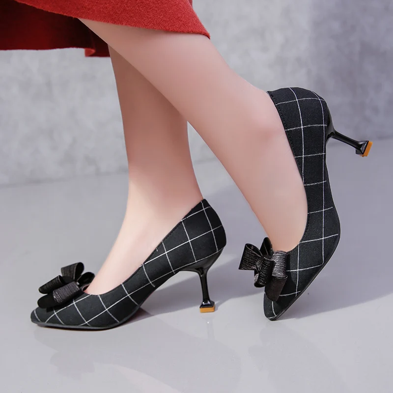 

Spring Autumn Women Thin Heeled Pumps Butterfly-knot Dress Shoes Woman Striped High Heels Shoes zapatos mujer 60H54