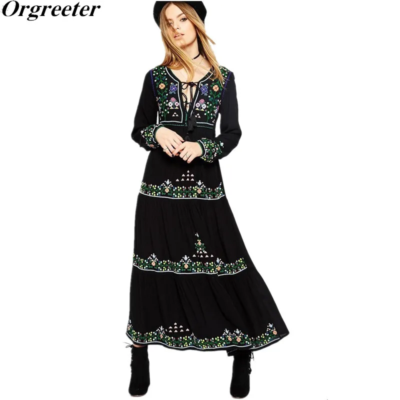 

Black embroidery women dress Long Sleeve boho chic Dress style maxi dresses Vestidos V-neck cotton women clothing