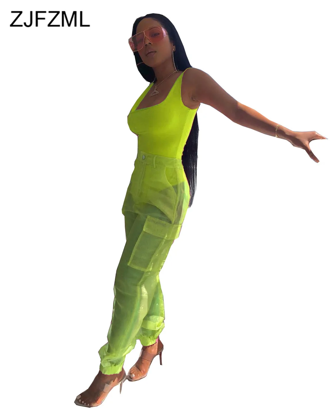 

Neon Color Two Piece Set Tracksuit Summer Clothes For Women Tank One Piece Bodysuit And See Through Pants Club Outfit Sweatsuit