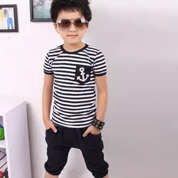 

New fashion kids Summer Children Short Sleeve Clothing Boy Navy Striped Cotton T-shirt + Pants Suits sets for 2-7Y Free shipping