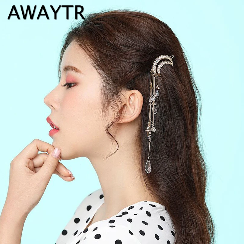

AWAYTR Moon Star Tassel Hairpins for Women Girls Alloy Hair Clip Rhinestone Hairpin 2019 New Headwear 1 Pc Kids Hair clips
