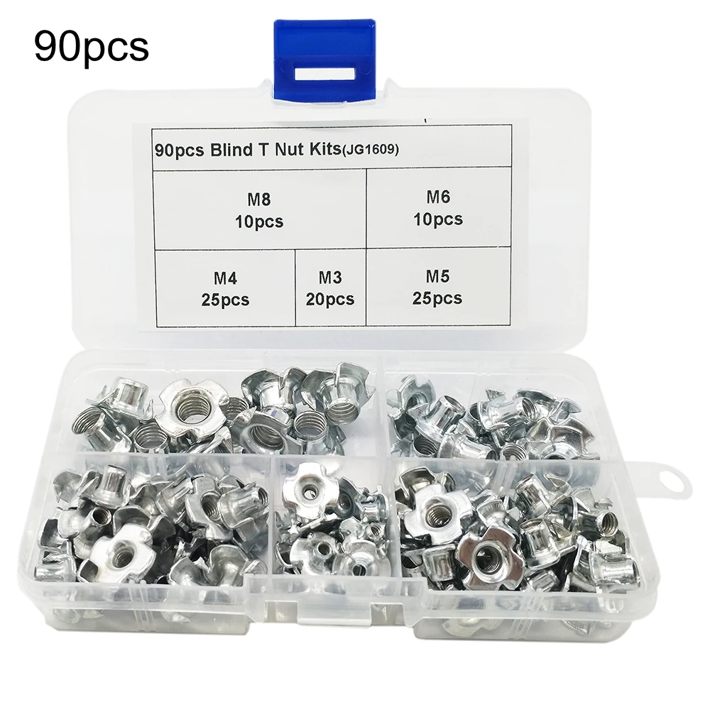 

90Pcs Carbon Steel with Zinc Plate Galvanization Pronged Tee T nut Blind Nut Furniture Four Claws Nut M3 M4 M5 M6 M8