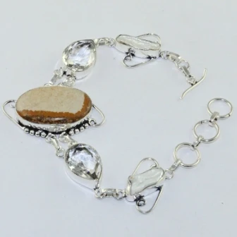 

Jaspers & White Topas Silver Overlay on Copper Bracelet , 22 cm, B1622