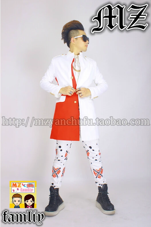 Bigabng GD мужской бренд сценический для певца красный и белый сшивание поддельные два длинных пальто Блейзер для ночного клуба костюмы мужская одежда
