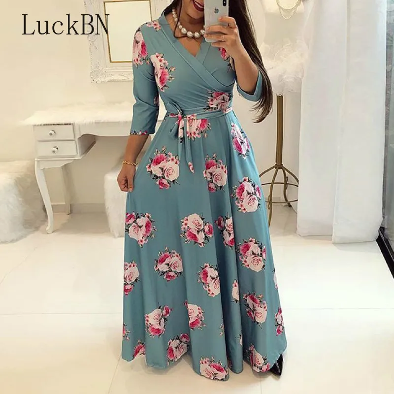 

Casual Plus Size 5XL Dress Women Spring Autumn Dress Print Robe Party Vestidos Female Pullover V-Neck Long Bandage Maxi Dresses