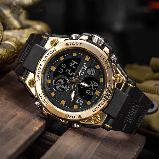 Новые SANDA 739 спортивные мужские часы Топ бренд Роскошные военные кварцевые цифровые часы мужские водонепроницаемые S Shock часы relogio masculino - Цвет: Золотой