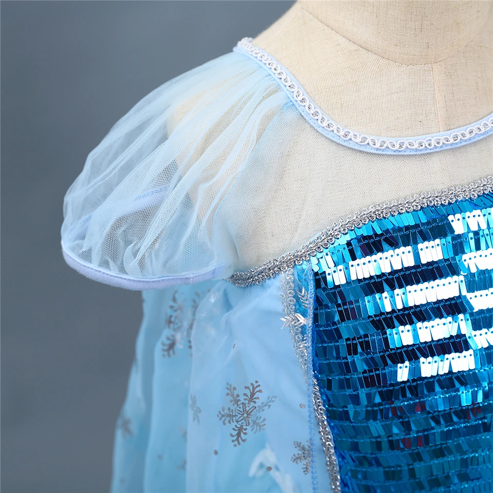 Платье принцессы Эльзы со снежинками для девочек; Рождественский костюм Снежной Королевы; детское платье Эльзы; праздничное платье на день рождения; светильник с синими блестками