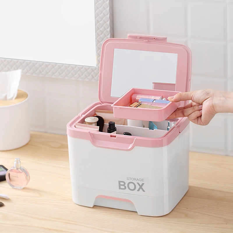 

Large Capacity Portable Plastic with Mirror Multi-layer Light Dustproof Jewelry Box Cosmetic Box Make Up Cases