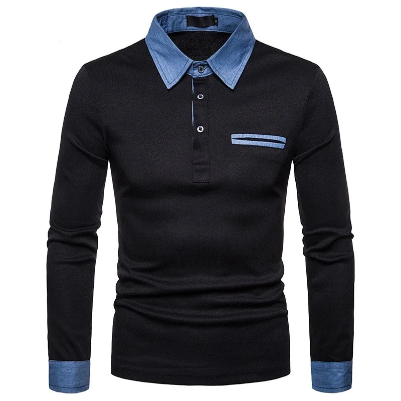 

Mens T Shirt 2018 Spring Autumn New Long Sleeve Turn-Down Collar T Shirt Men Brand Clothing Fashion Patchwork Tee For Men Tops