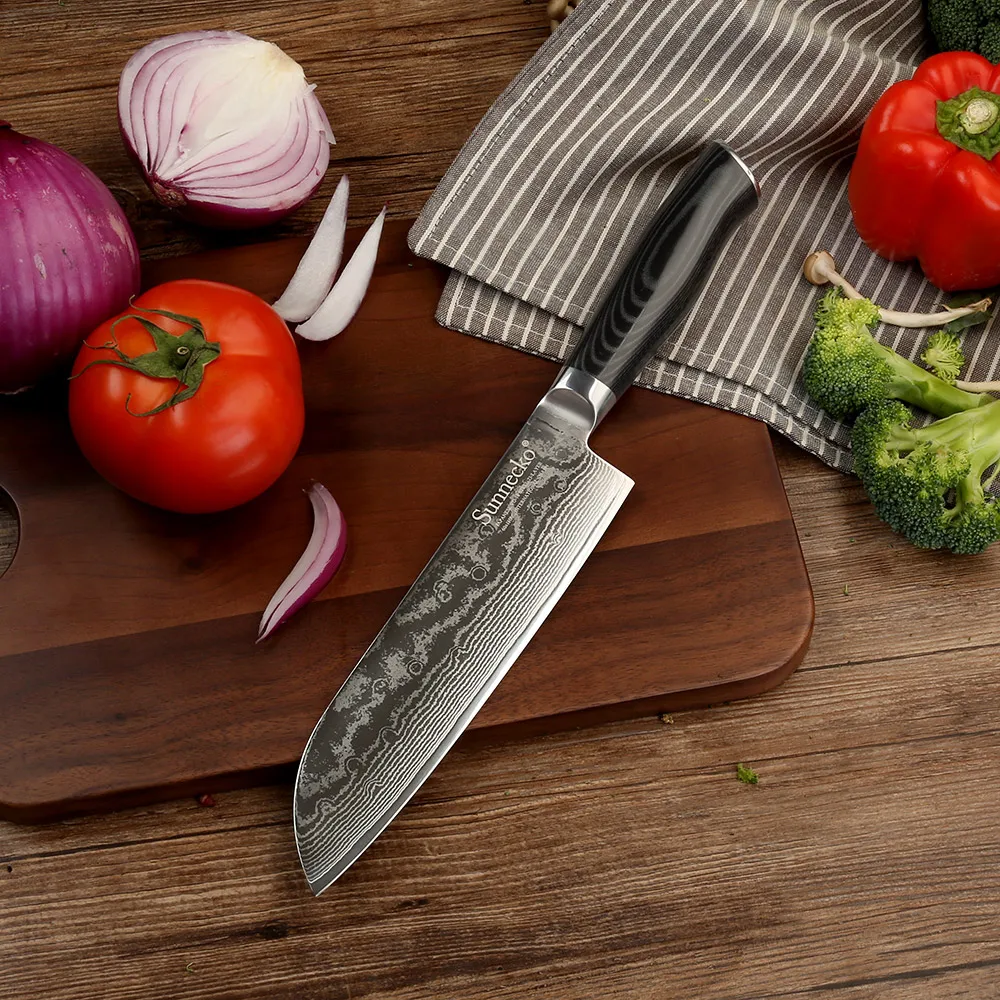

Sunnecko 7" Santoku Kitchen Knife Stainless Steel Damascus VG10 Blade Chef Knives Micarta Handle Fruit Meat Chopping Veg Paring