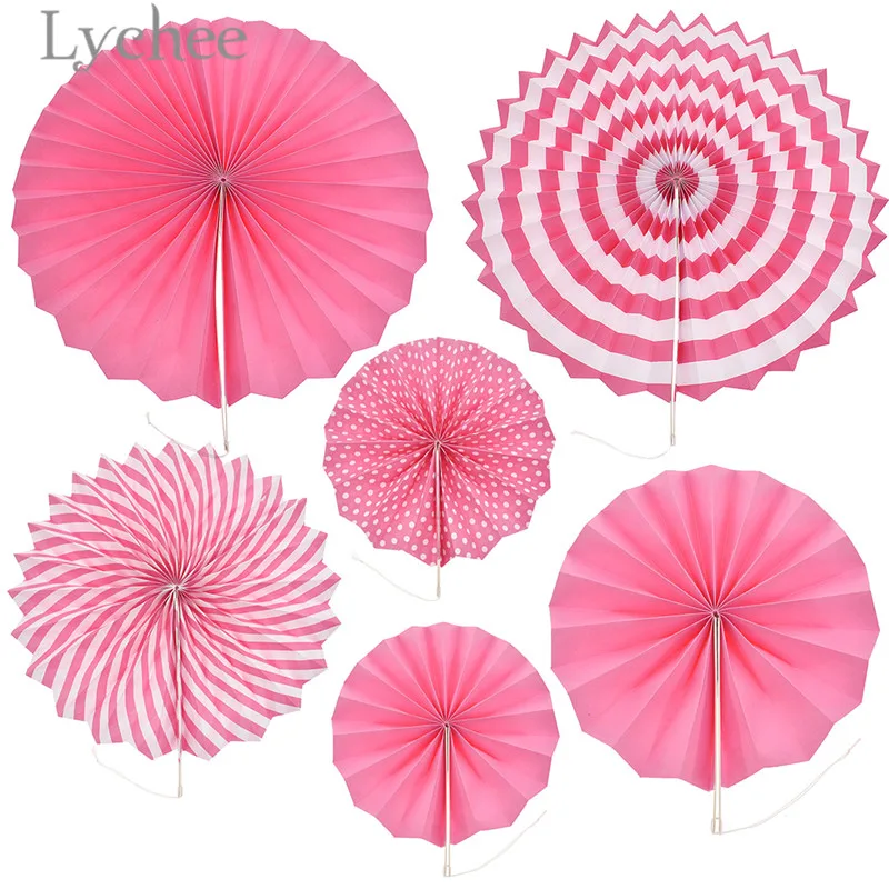 

Lychee 6pcs Paper Mini Fans Pink Blue Wall Hanging Fan Wedding Birthday Party Paper Crafts Decorations Supplies