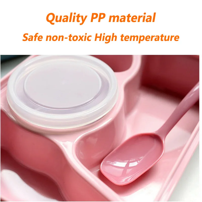 4 Cells Helath Plastic Bento Lunch Box Tableware Set Food Container Microwave School Lunch Boxes Sub-grid Design With Spoon (8)