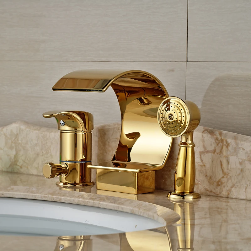 Роскошный Золотой водопад смеситель для ванной кран палубное крепление с одной ручкой кран для ванной с ручной душевой