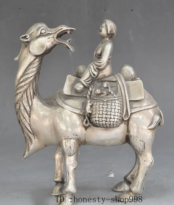 

christmas Chinese 9"East Culture old China Tang Dynasty Silver Woman Belle Ride Llama Camel Statue halloween