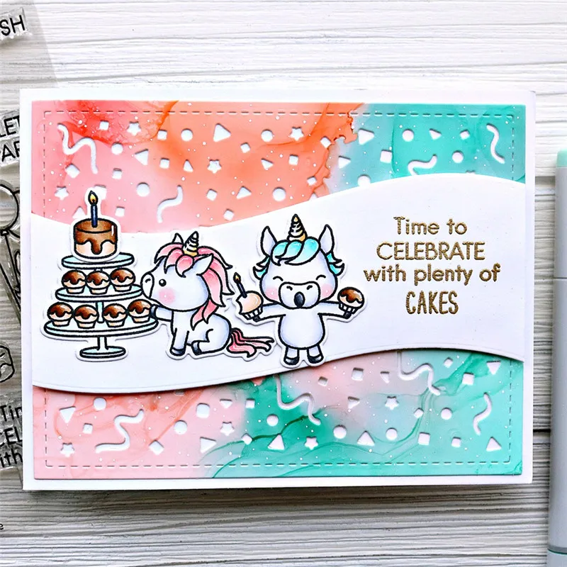 

YaMinSanNiO Unicorn Dies and/with Stamps Clear Birthday Dies Scrapbooking New Arrival Cute Animals Cake Metal Cutting Dies