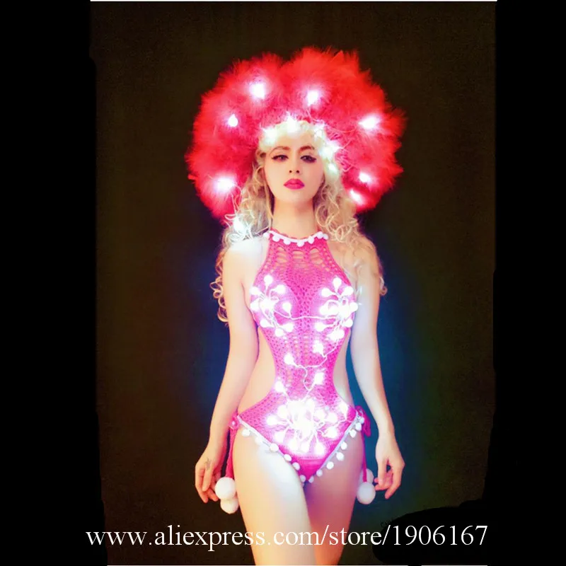 Nightclub craze costume new led hairy beauty back bikini lighting party style show gogo dj ds10