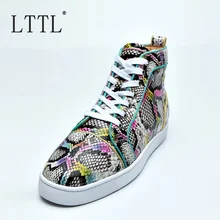 LTTL New Fashion Snakeskin Pattern Vulcanize Men Shoes Handmade Lace-up High Top Sneakers Breathable Casual Mens Shoes lttl new fashion rivets sneakers men leather shoes breathable lace up mens shoes casual flats handmade outdoor basic men shoes
