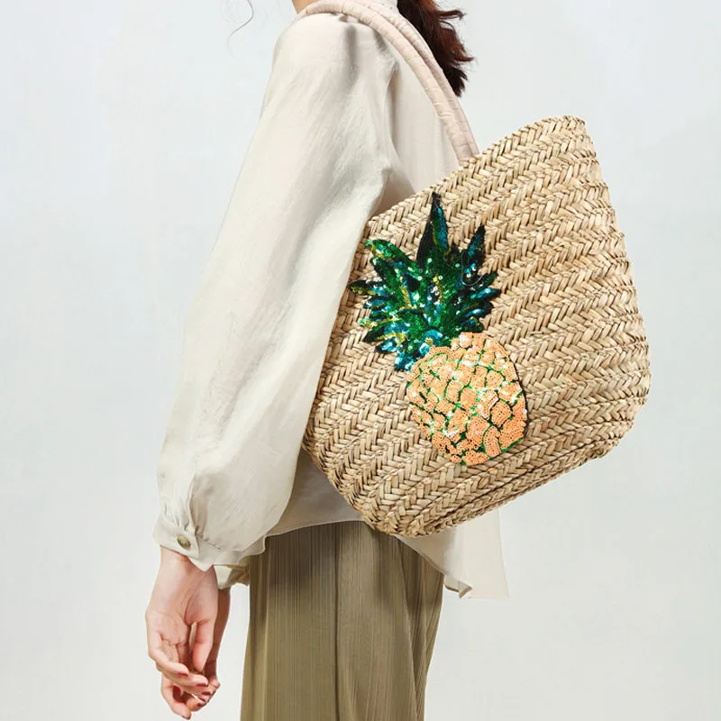 Euchan Women Straw Handbags Embellished Basket Beach Bags Straw Tote Adorned with Sequin