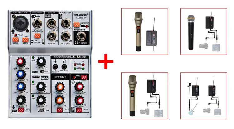 Freeboss AM-G04A USB Bluetooth Запись воспроизведения компьютера 4 канала Mic Line Insert Стерео Профессиональный звуковой микшер