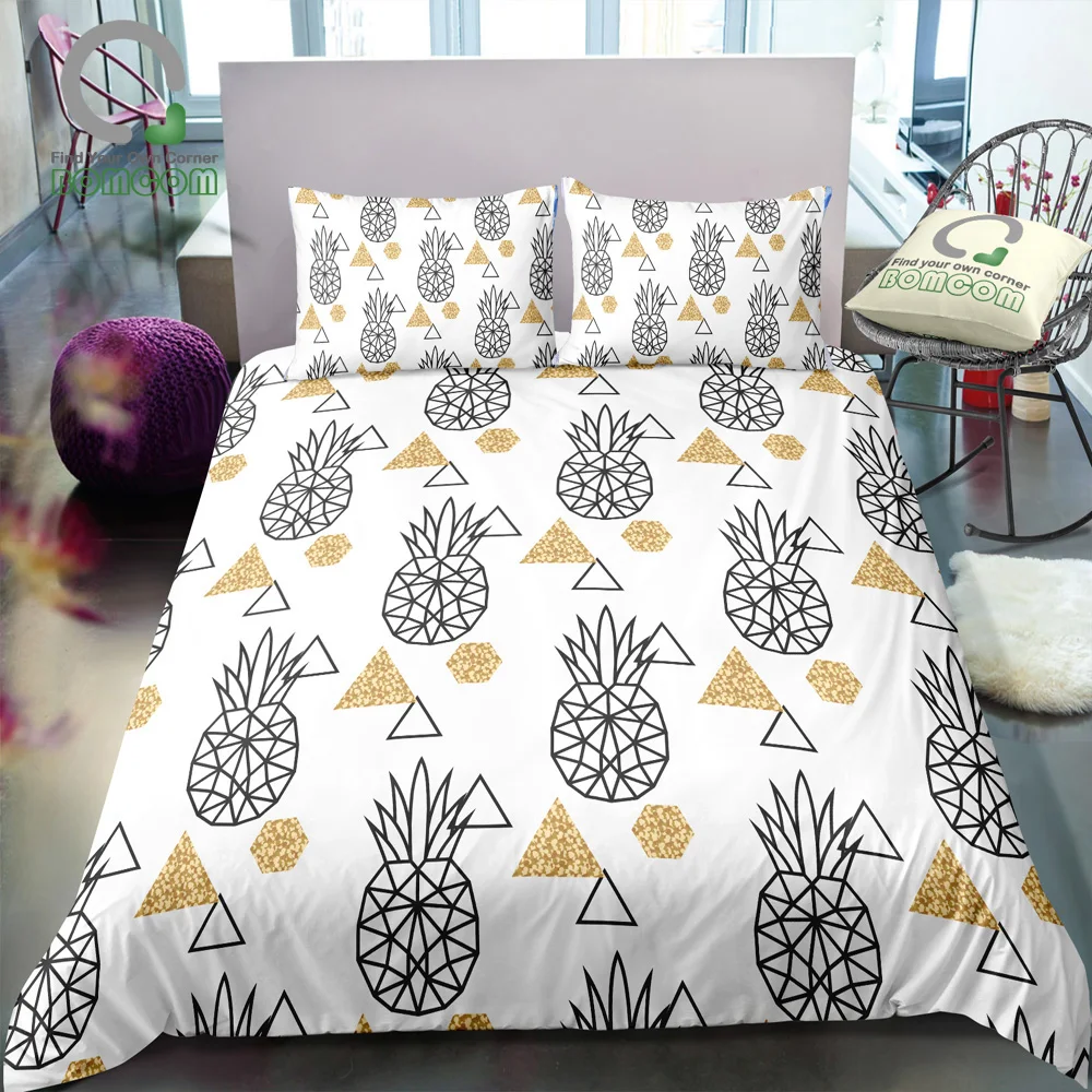 

BOMCOM 3D Digital Printing Tropical fruits seamless pattern grey line pineapples simple style Duvet Cover sets 100% Microfiber