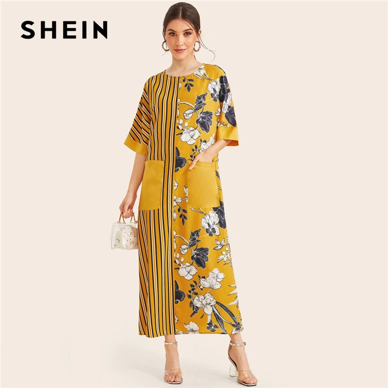 

SHEIN Yellow Striped And Floral Print Pocket Patched Elegant Tunic Dress Women 2019 Summer Half Sleeve Ladies Maxi Dresses