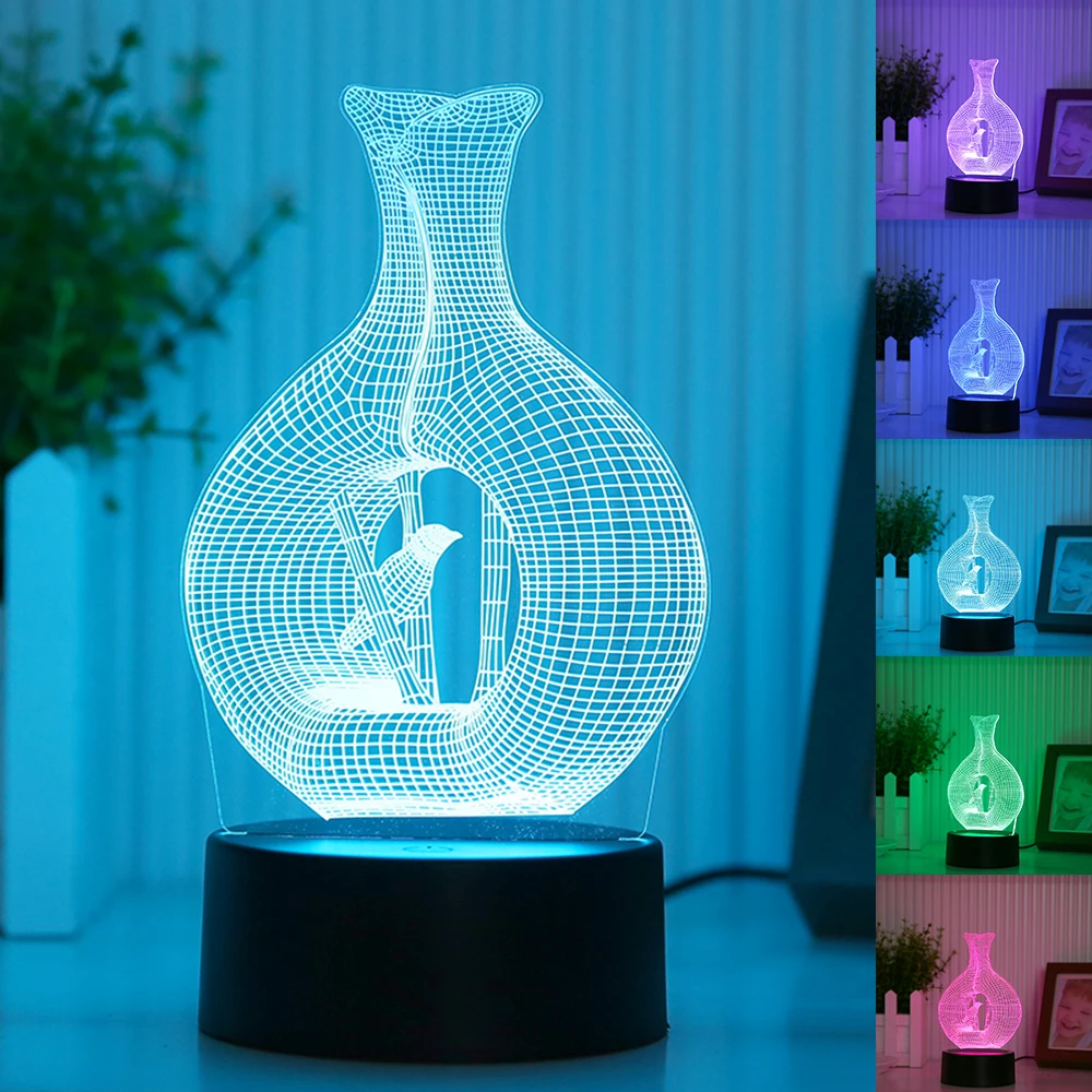 3D LED Night Light Bird In Cage Model 7 Colors 5V USB Led Nightlamp