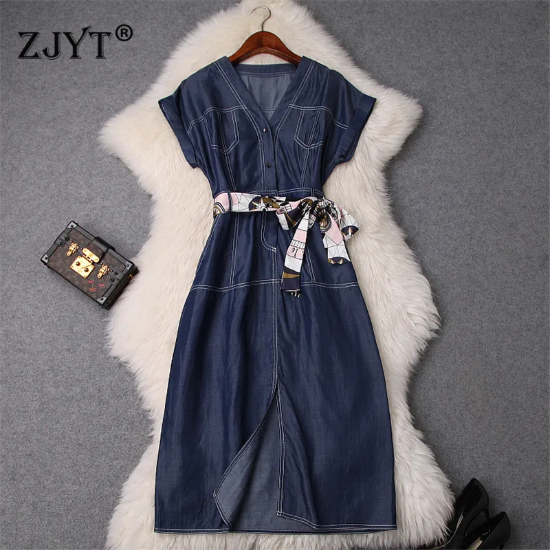 

Fashion Woman Summer Dress 2019 Designer Elegant Short Sleeve V Neck Lace Up Casual Blue Denim Dress Women Vestidos Clothes