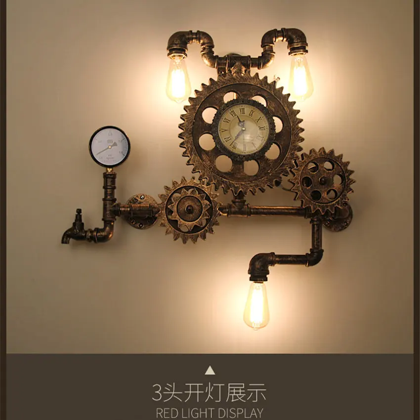 Винтажный Лофт стиль Эдисона часы настенная лампа промышленное освещение ретро деревянный для переключения скоростей Настенные светильники железные водные лампы в форме труб - Цвет абажура: 3 Heads