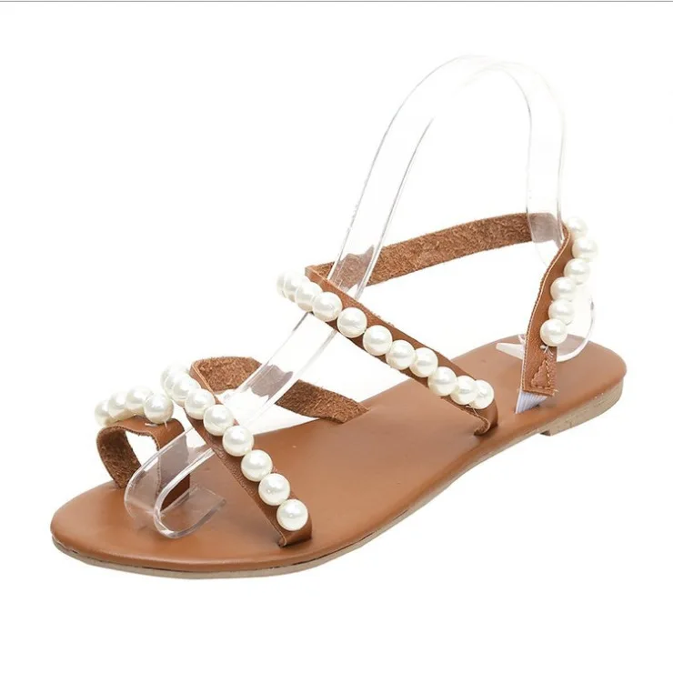

Summer 2019 New European American Foreign Trade Hand Beaded Fashion Women's Flat Bottom Sandals 35-43 Girls'shoes