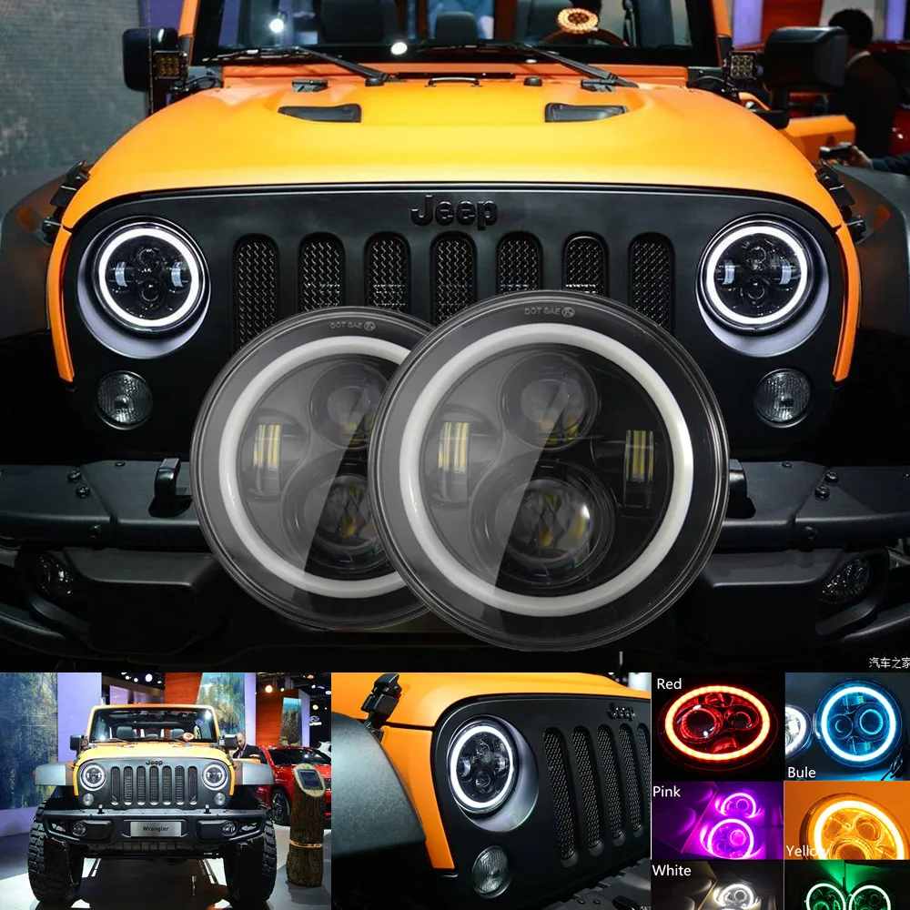 

Angel Eyes 7'' LED Headlight H4 Hi-Lo Beam 7600LM Front Driving Headlamp Styling Head Light For Jeep Wrangler JK TJ LJ 6 Colors