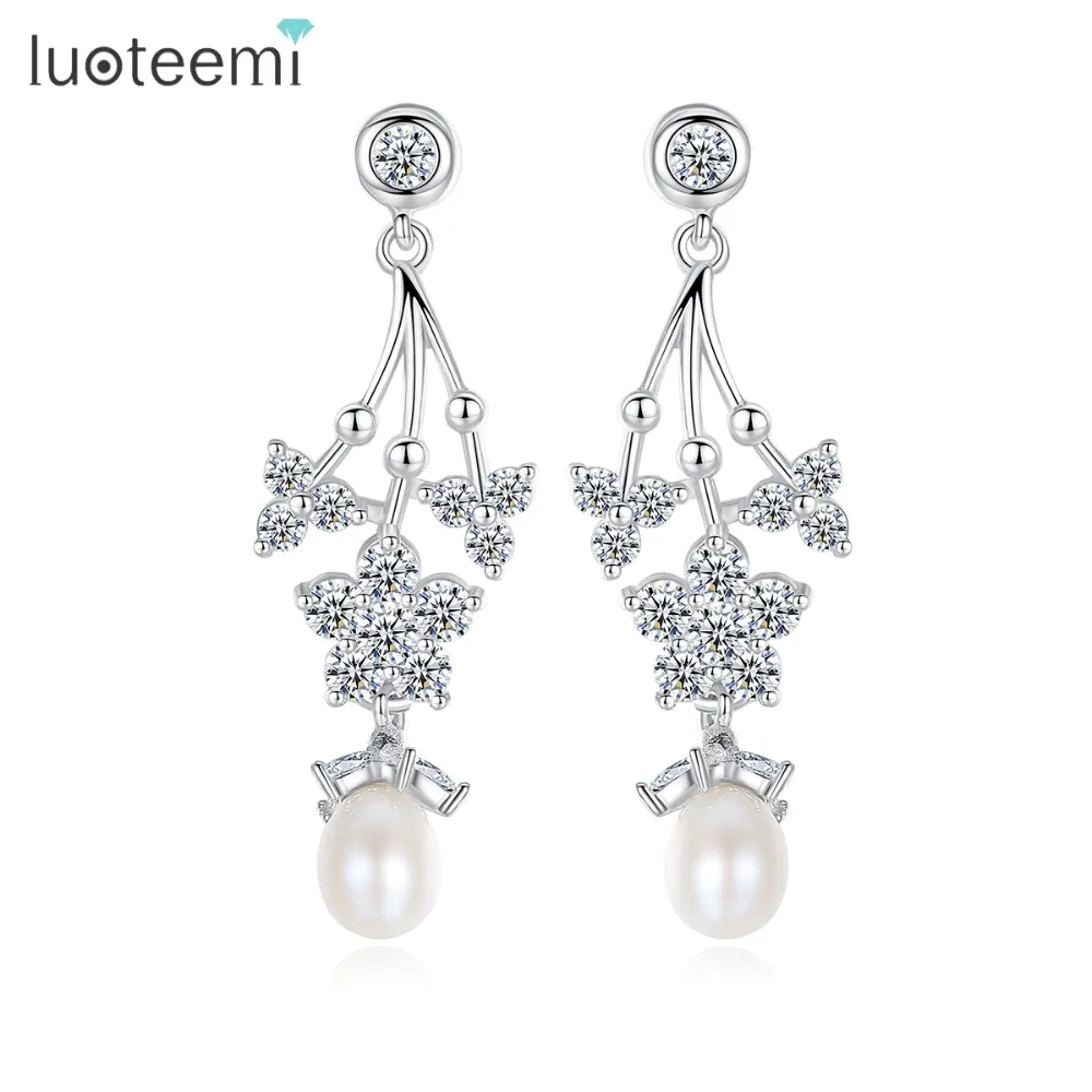 

LUOTEEMI Luxury Simulated Pearl Drop Earrings For Women Wedding White Gold Color Zirconia Crystal High Quality Party Jewelry