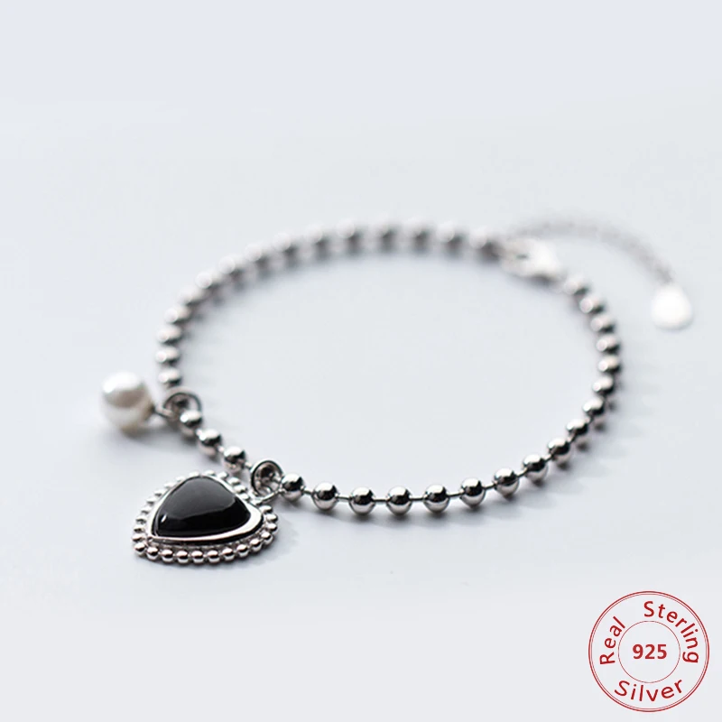 

Romantic Black Natural Stone Heart Bracelet With 6MM Shell Pearl For Women 925 Sterling Silver Ball Jewelry